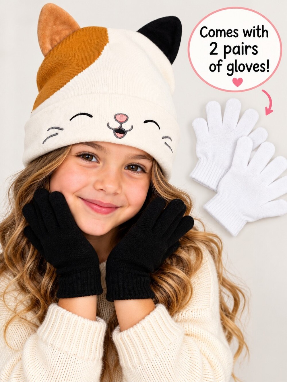Squishmallows Calico Cat Beanie Hat 2 Pairs Gloves Set Cream Black Brown White